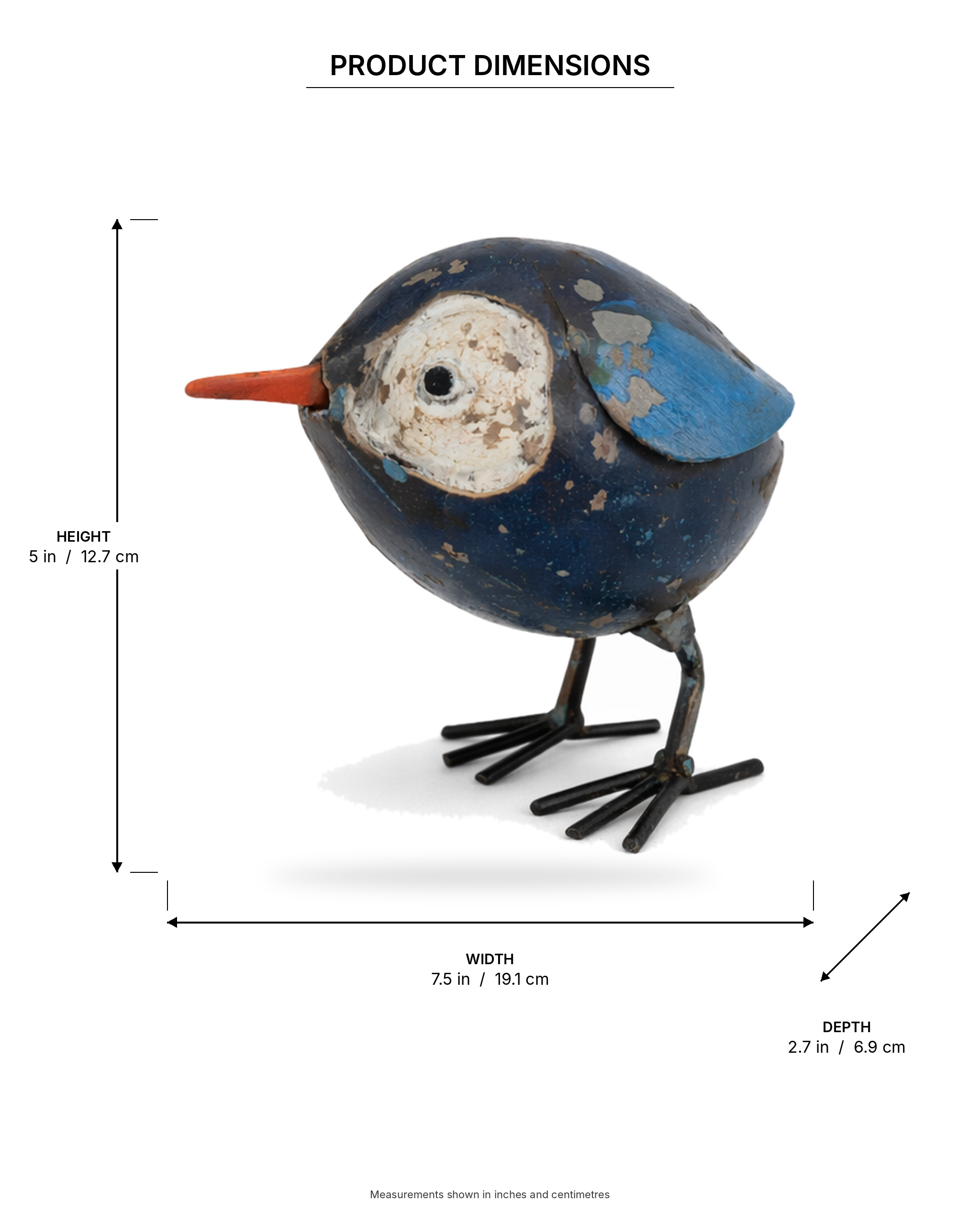 Recycled Iron Dark Blue Bird Figurine with Light Blue Wings & Orange Beak