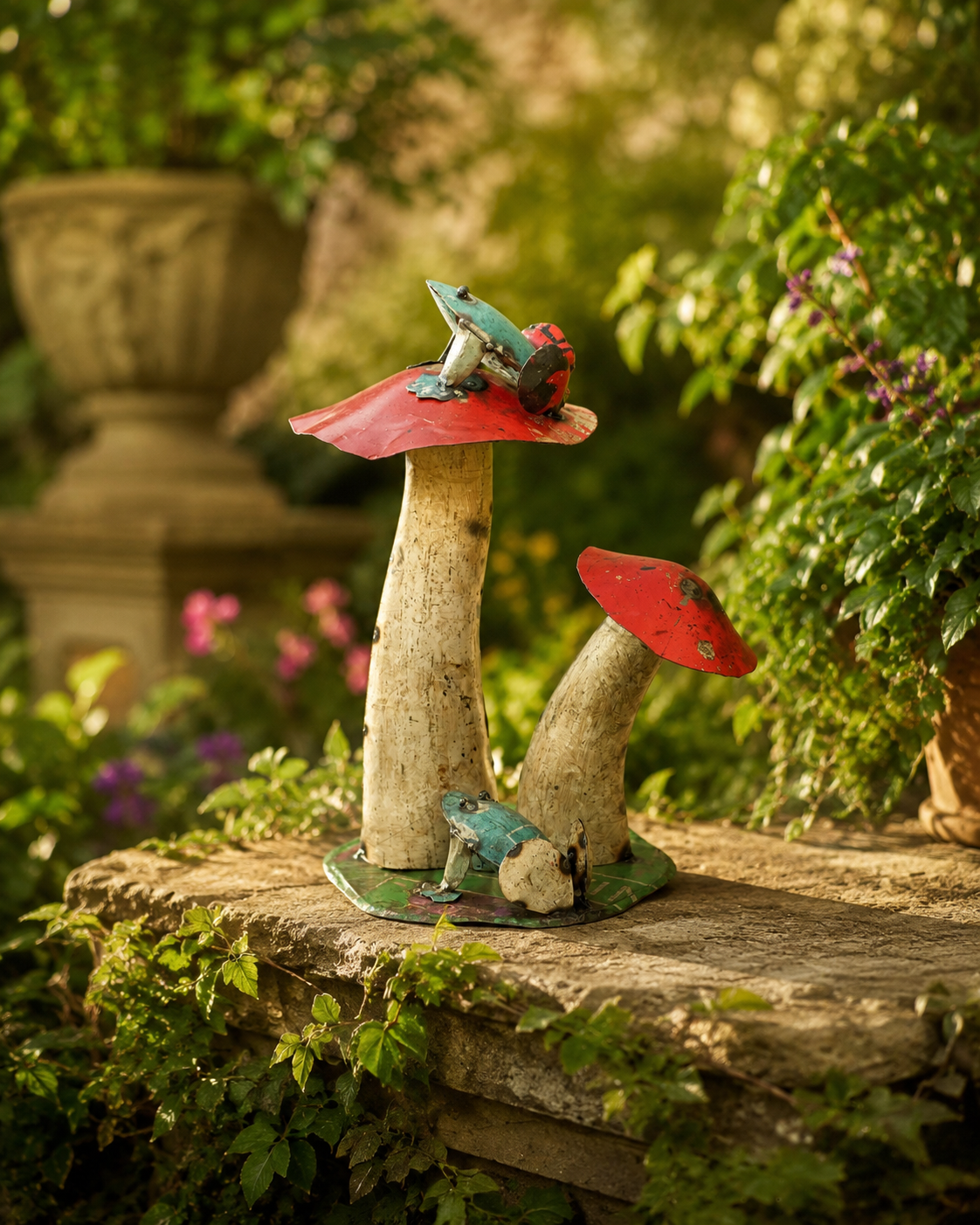 Recycled Iron Mushroom With Frog