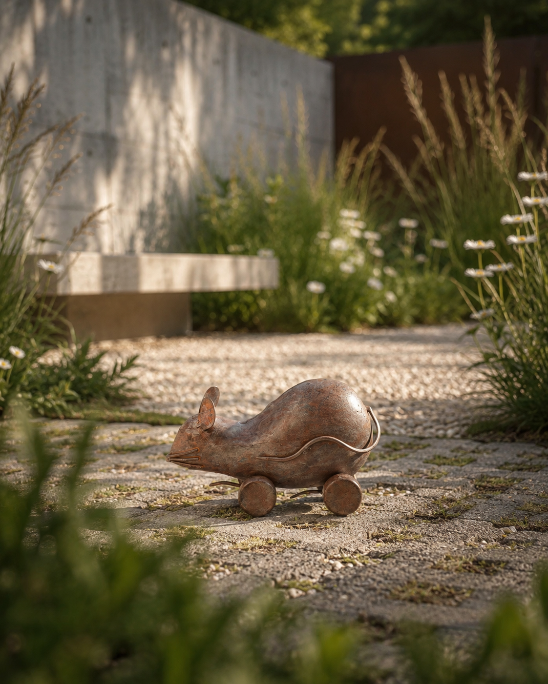 Reclaimed Iron Vintage White Rat on Wheel Figurine