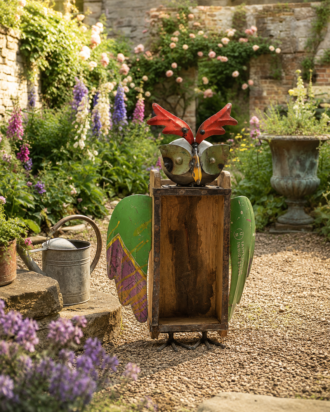 RECYCLED IRON OWL WITH BRICK MOULD BOTTLE HOLDER