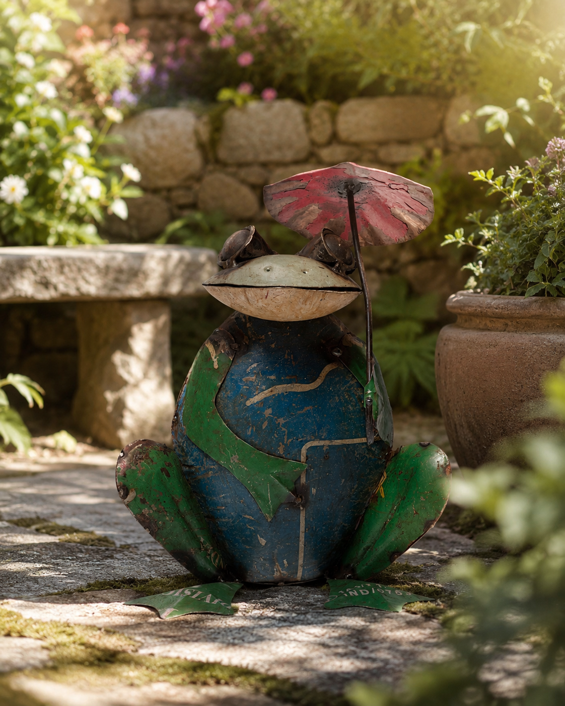 Recycled Iron Frog With Umbrella