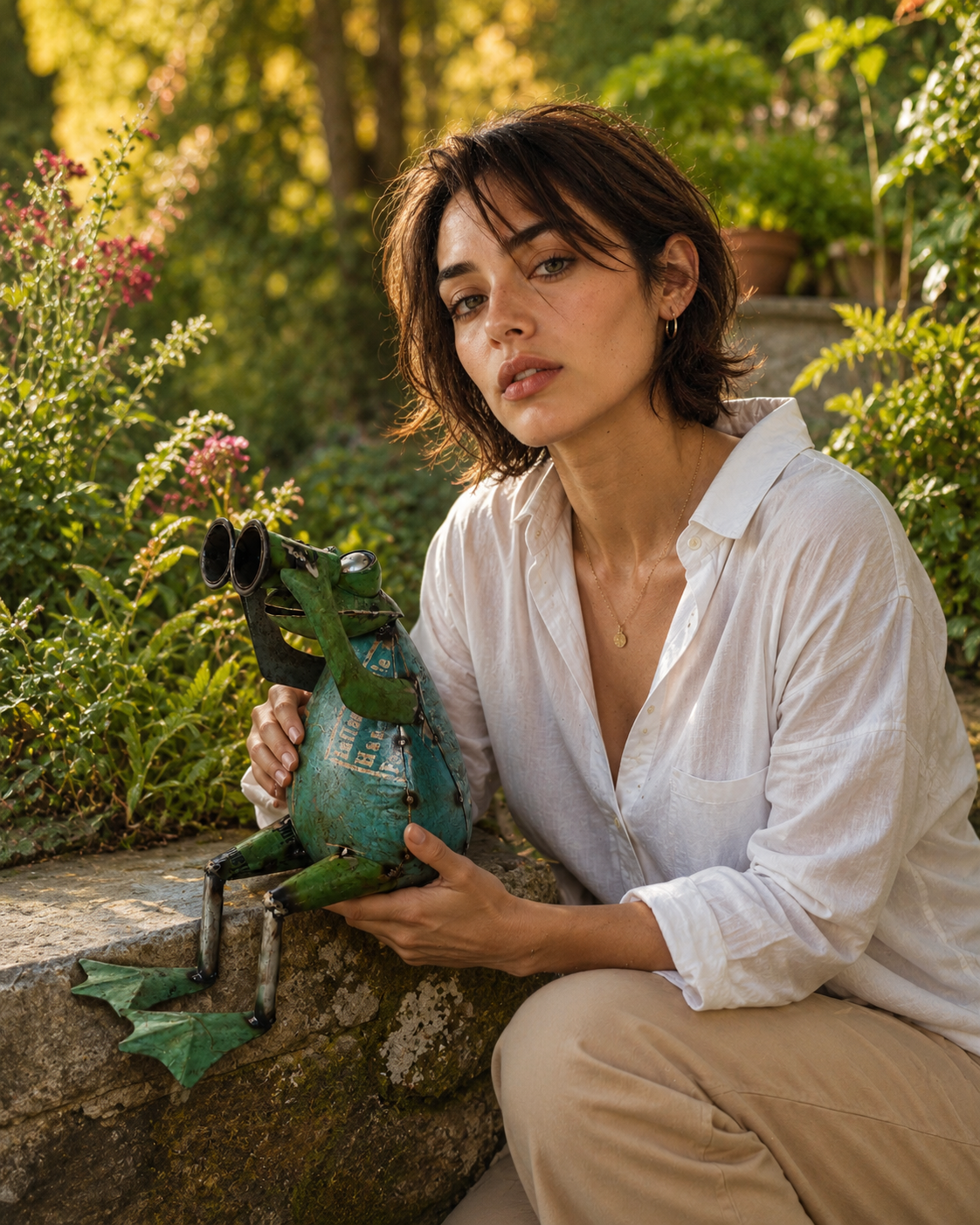 Recycled Iron Frog with Binoculars Garden Figurine