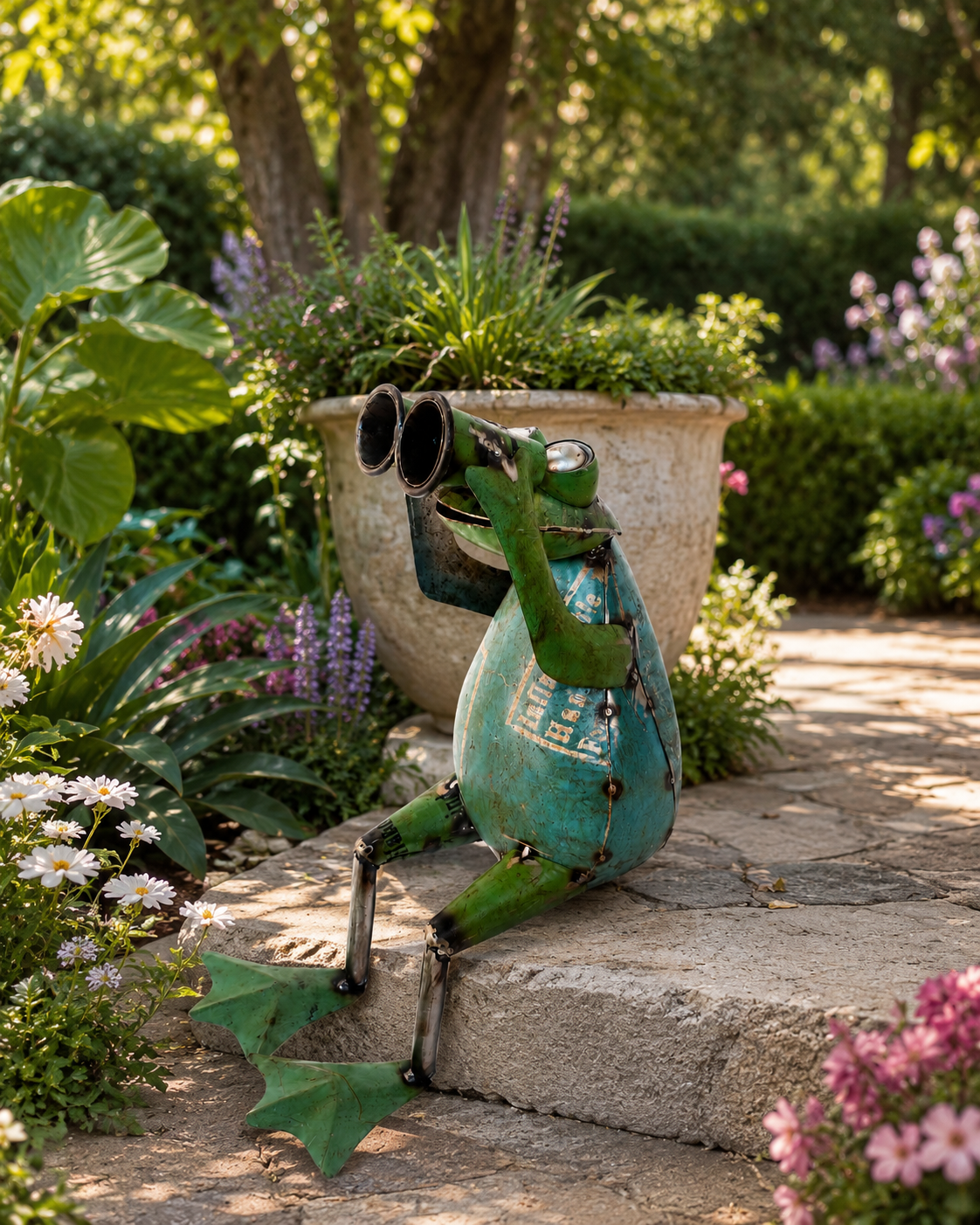 Recycled Iron Frog with Binoculars Garden Figurine