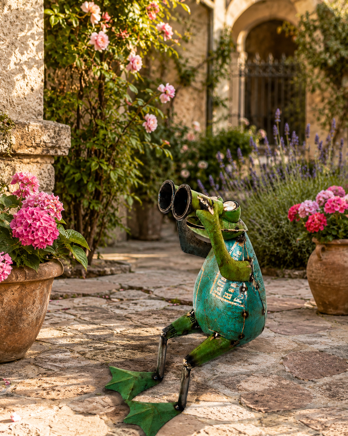 Recycled Iron Frog with Binoculars Garden Figurine
