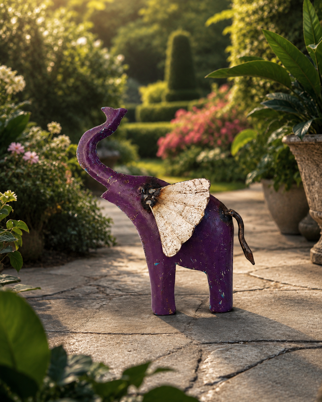 Handcrafted Recycled Iron Purple Elephant Wall Art with White Ear & Trunk Up