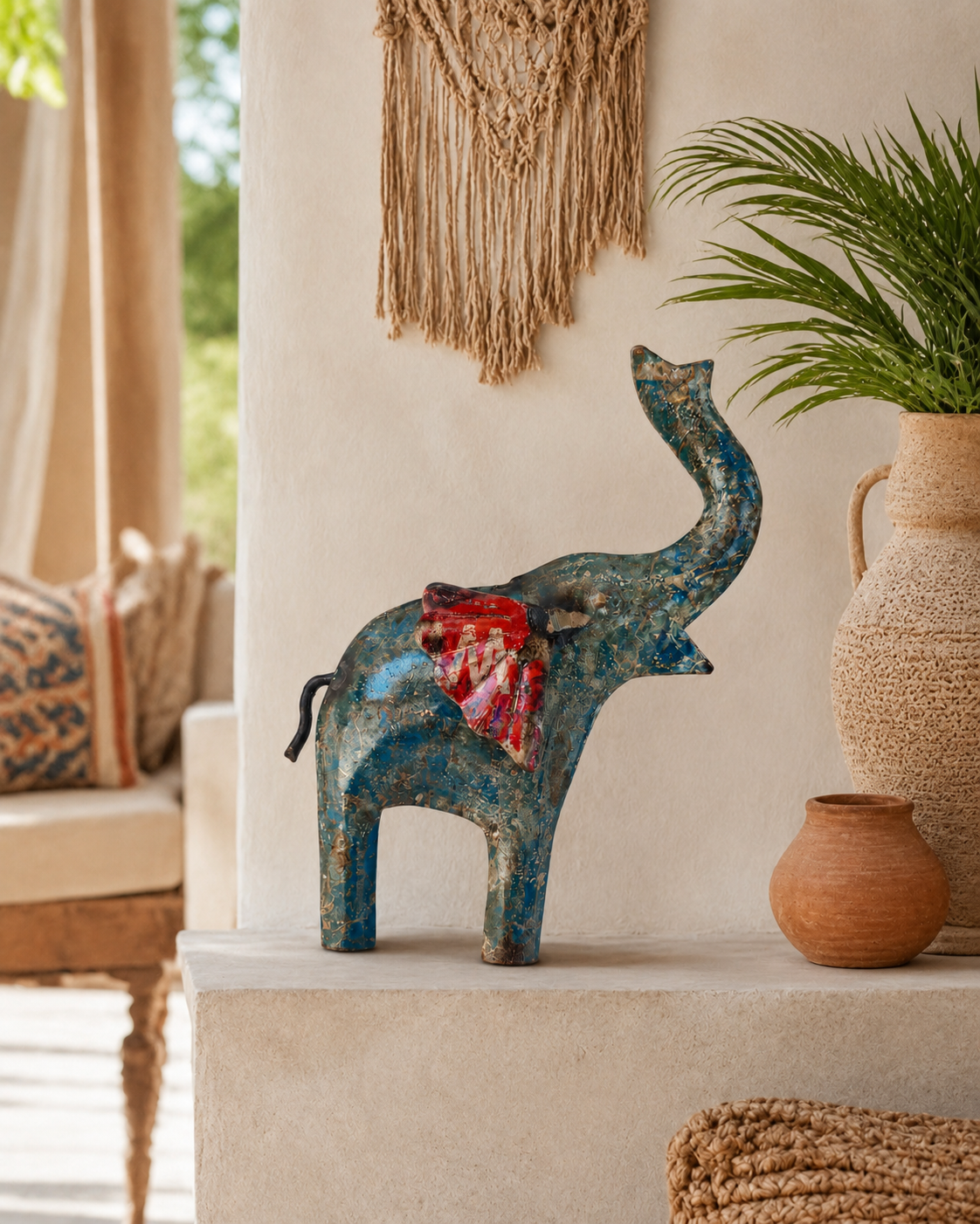 Recycled Iron Grey Elephant Wall Art with Red Ear & Trunk Up