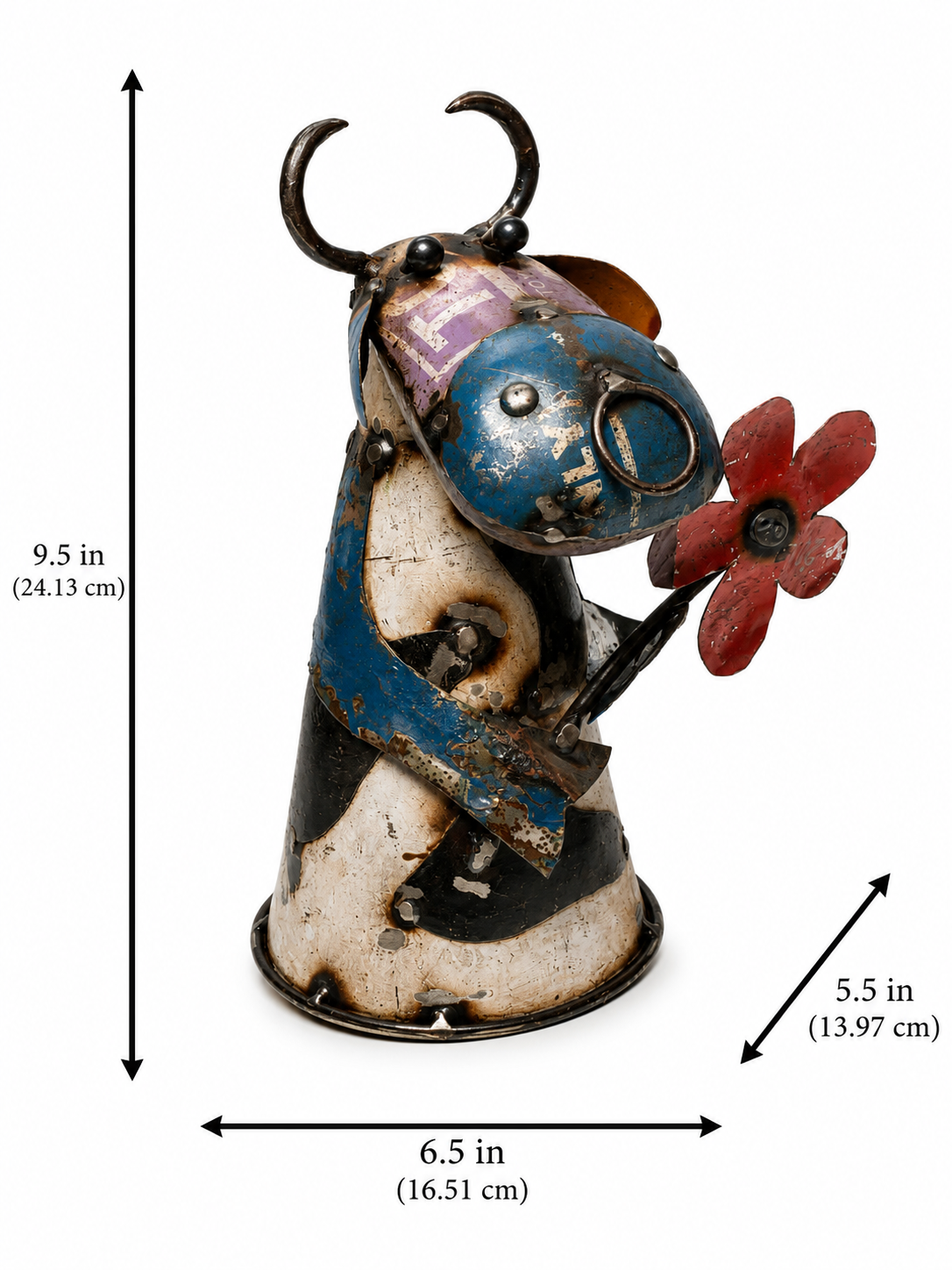 Recycled Iron Cow With Flower (Fence Topper)