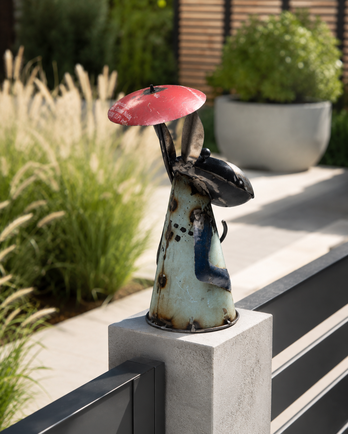 Recycled Iron Donkey With Umbrella (Fence Topper)