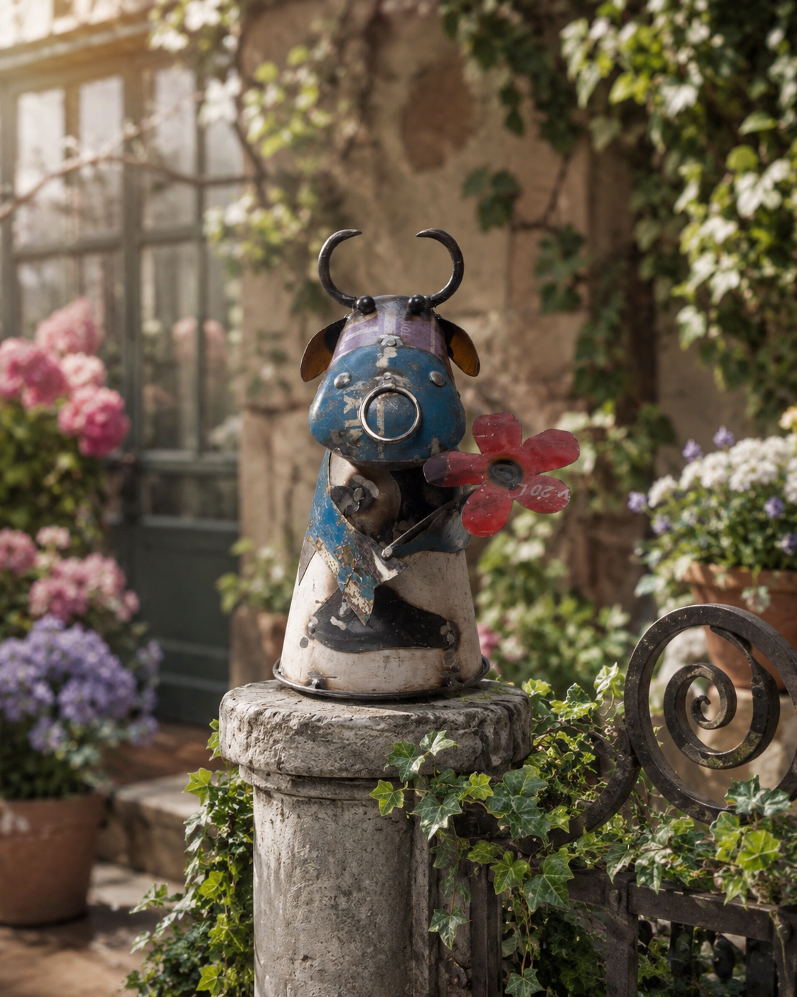 Recycled Iron Cow With Flower (Fence Topper)