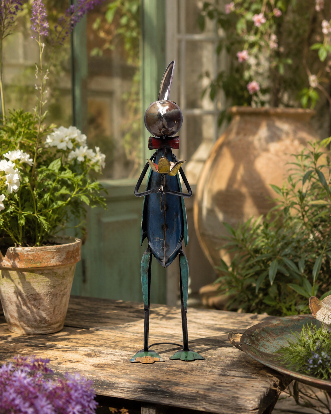 Recycled Iron Rabbit With Flower