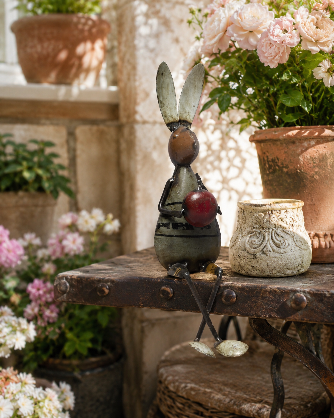 Recycled Iron Rabbit With Apple