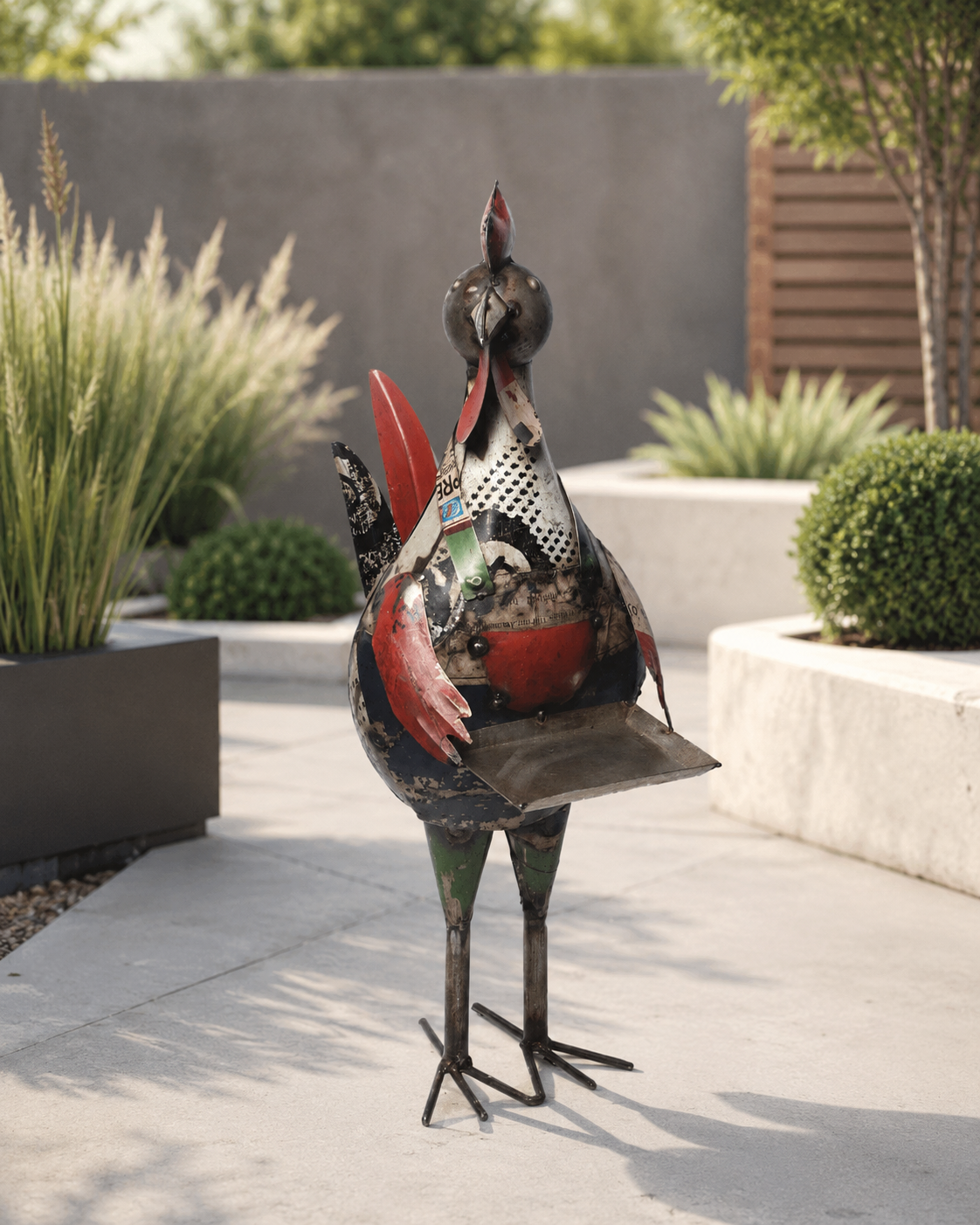 Recycled Iron Rooster With Tray