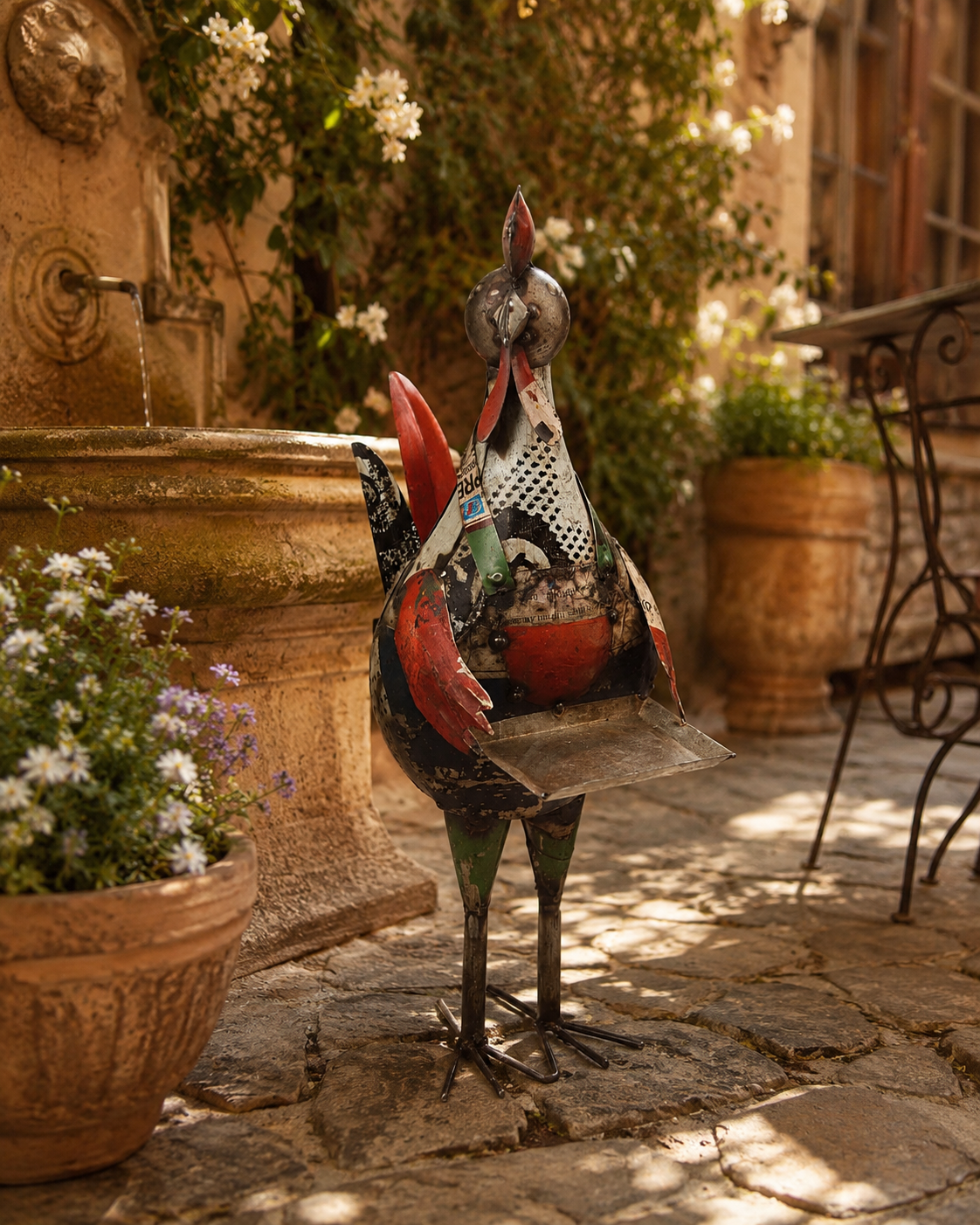 Recycled Iron Rooster With Tray