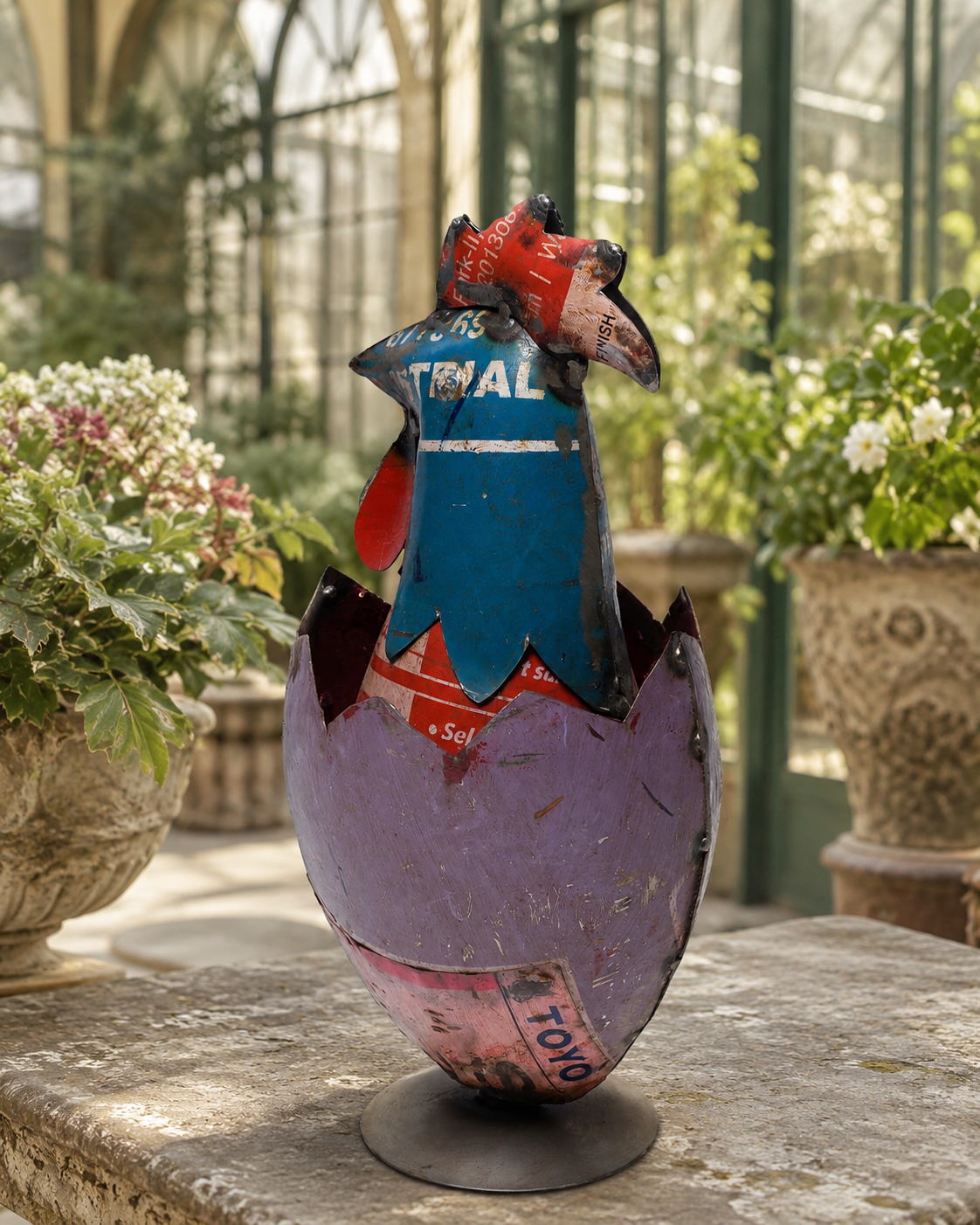 Recycled Iron Egg With Rooster