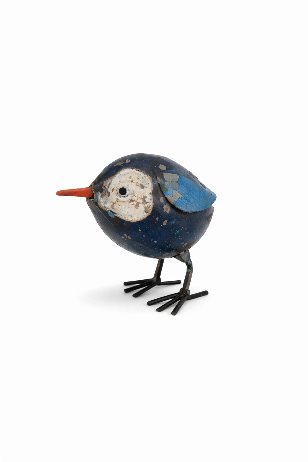 Recycled Iron Dark Blue Bird Figurine with Light Blue Wings & Orange Beak