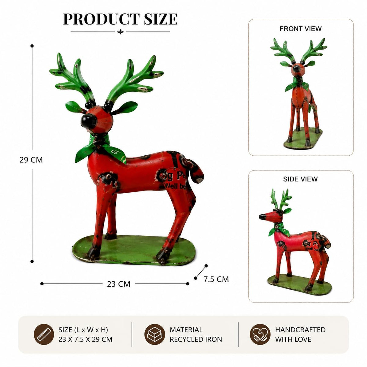 Maroon Recycled Iron Reindeer Figurine