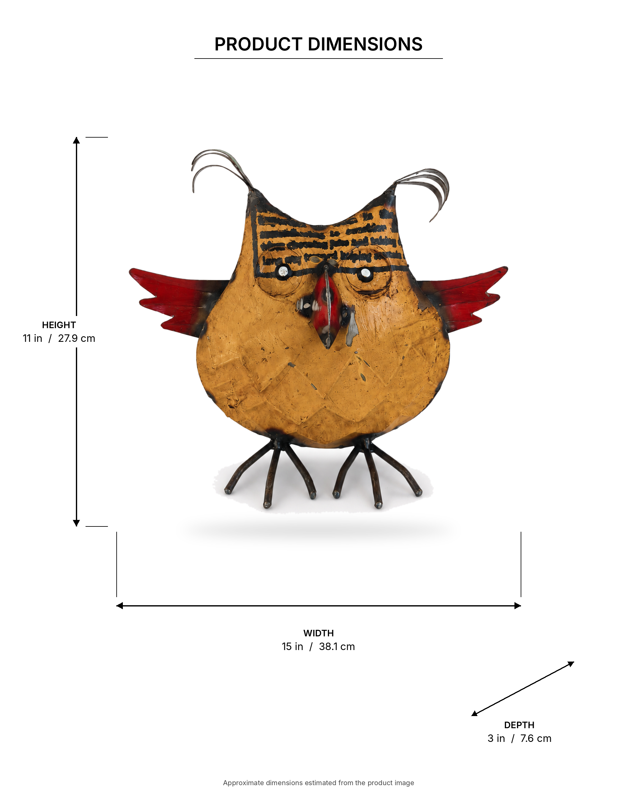 Recycled Iron Yellow Owl Figurine with Red Wings