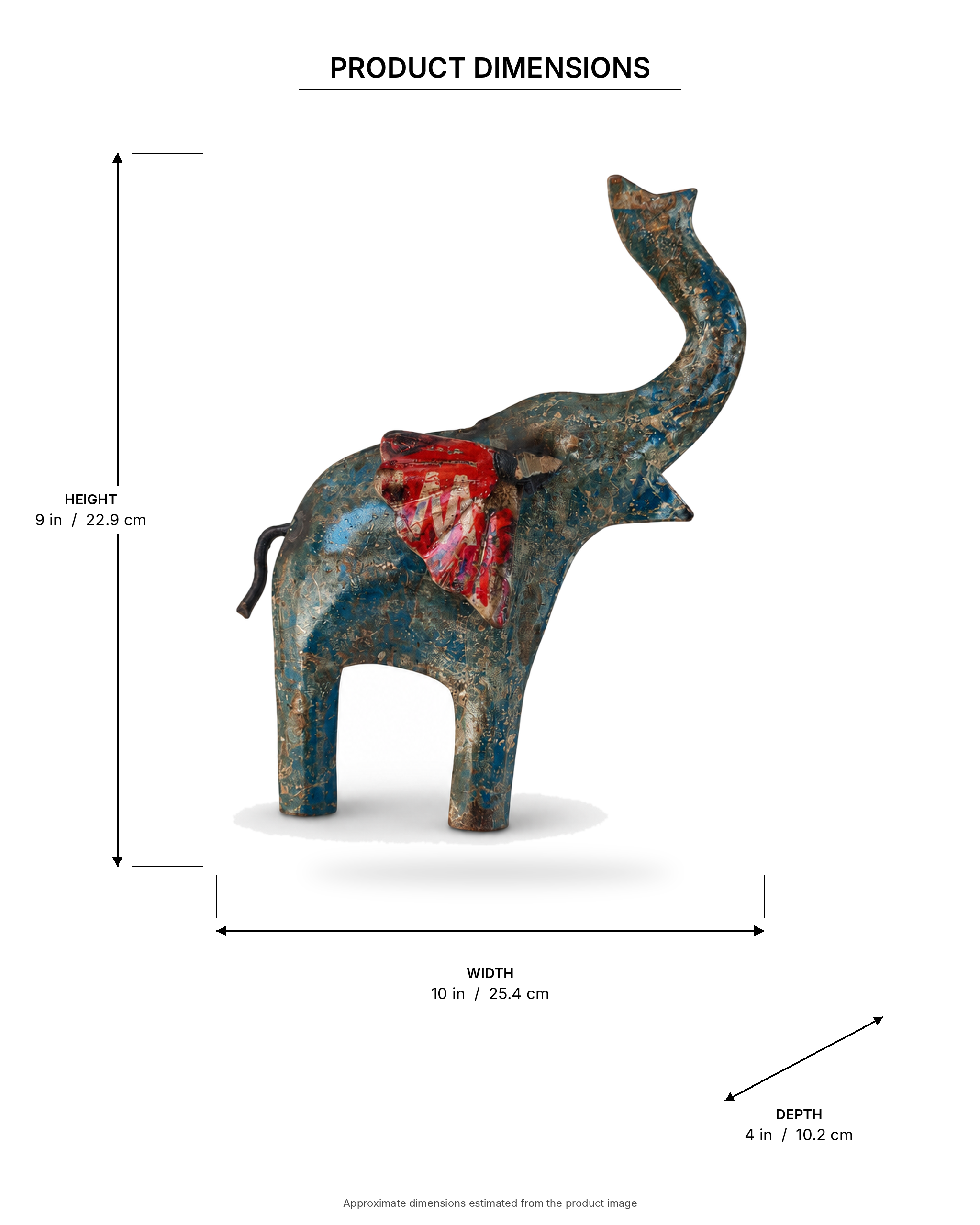 Recycled Iron Grey Elephant Wall Art with Red Ear & Trunk Up