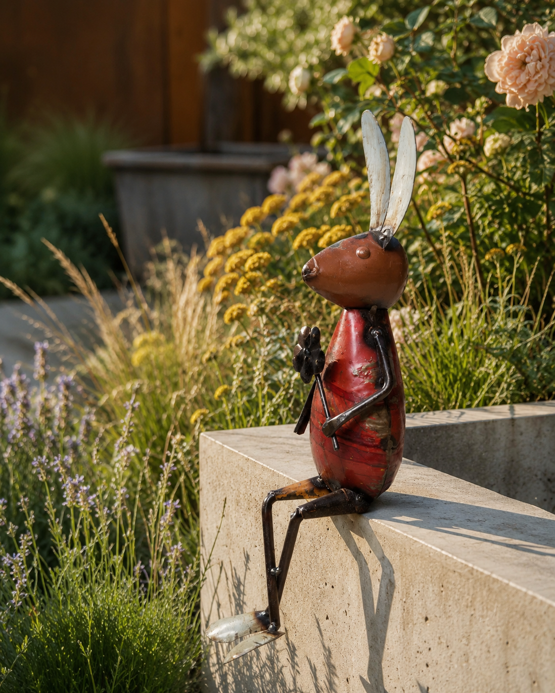 Recycled Iron Rabbit With Flower