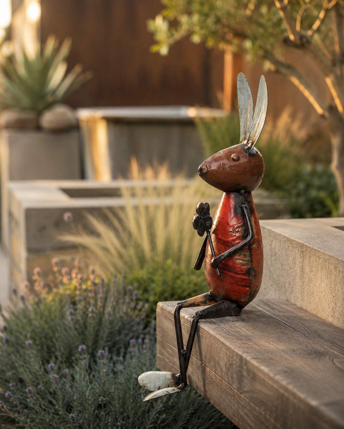 Recycled Iron Rabbit With Flower