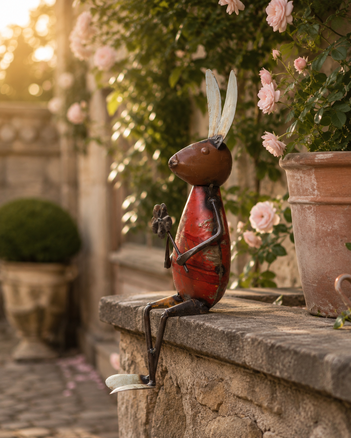 Recycled Iron Rabbit With Flower