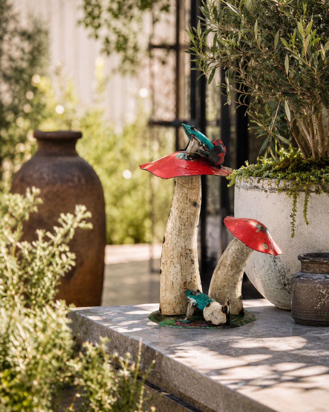 Recycled Iron Mushroom With Frog