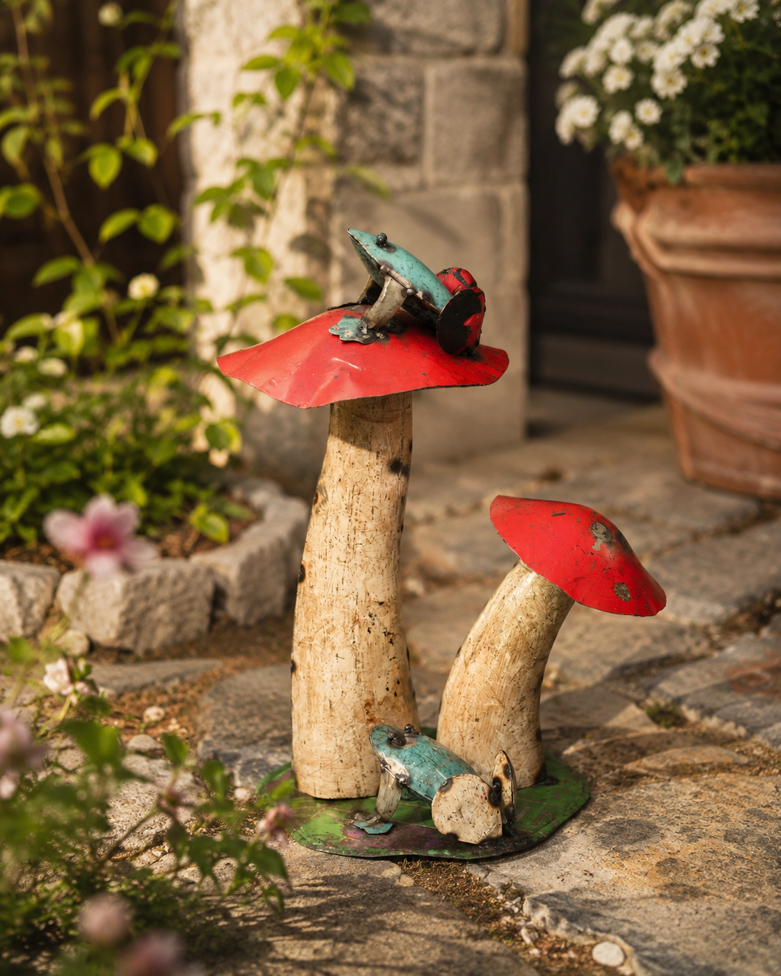 Recycled Iron Mushroom With Frog