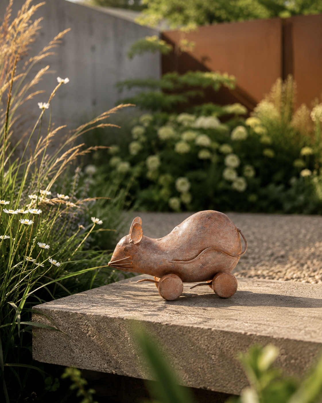 Reclaimed Iron Vintage White Rat on Wheel Figurine