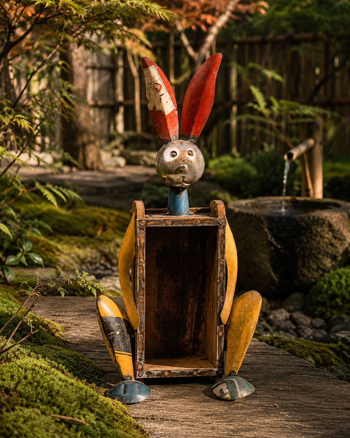 RECYCLED IRON RABBIT WITH BRICK MOULD BOTTLE HOLDER