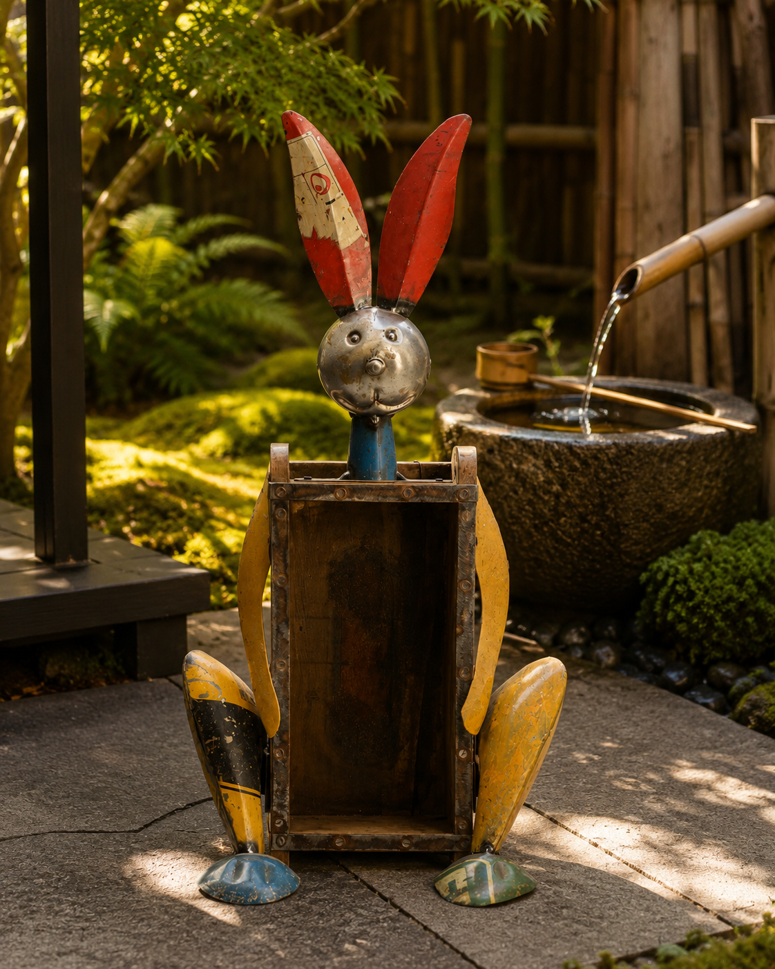 RECYCLED IRON RABBIT WITH BRICK MOULD BOTTLE HOLDER
