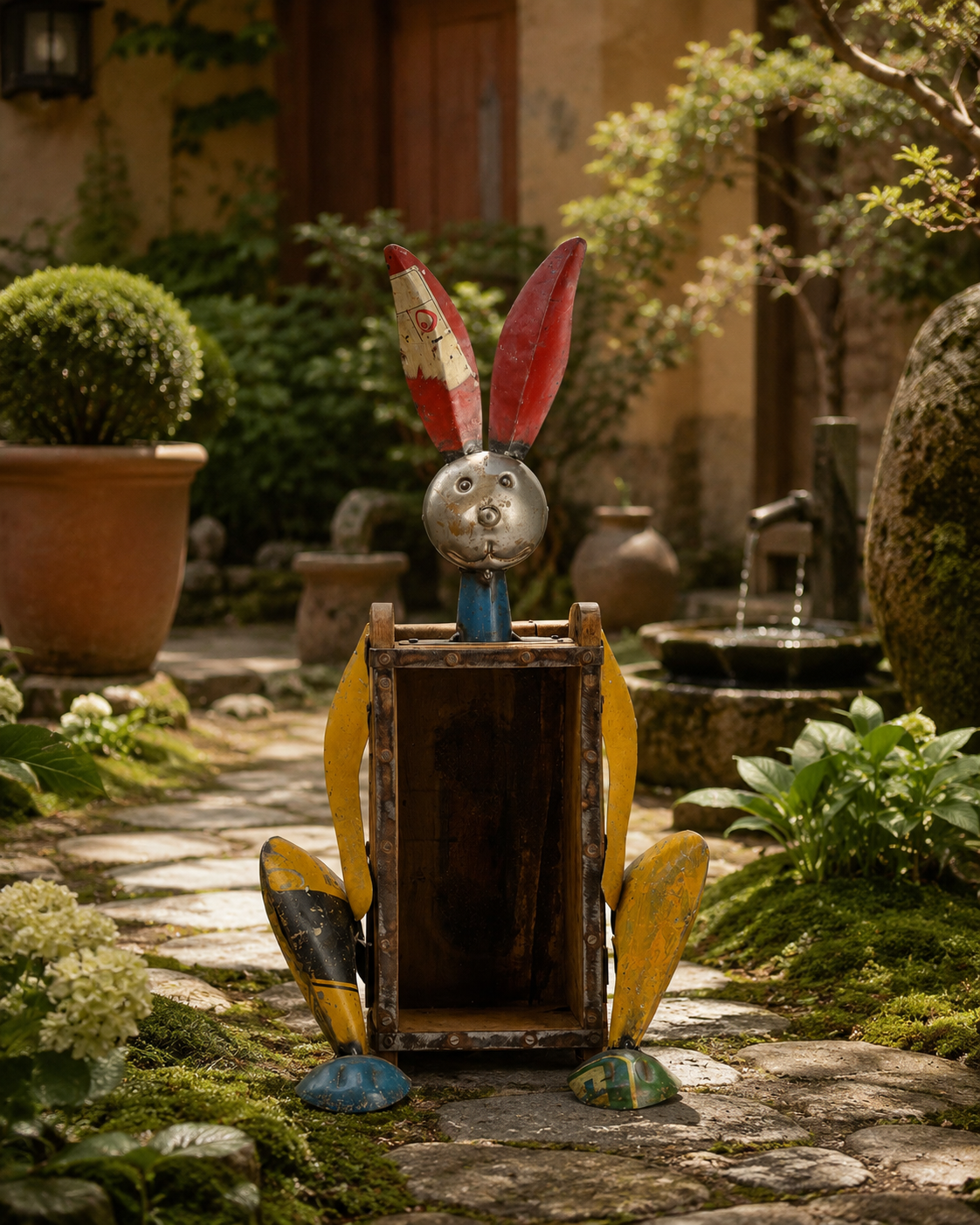 RECYCLED IRON RABBIT WITH BRICK MOULD BOTTLE HOLDER