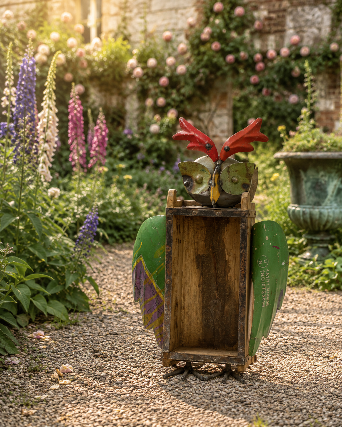 RECYCLED IRON OWL WITH BRICK MOULD BOTTLE HOLDER