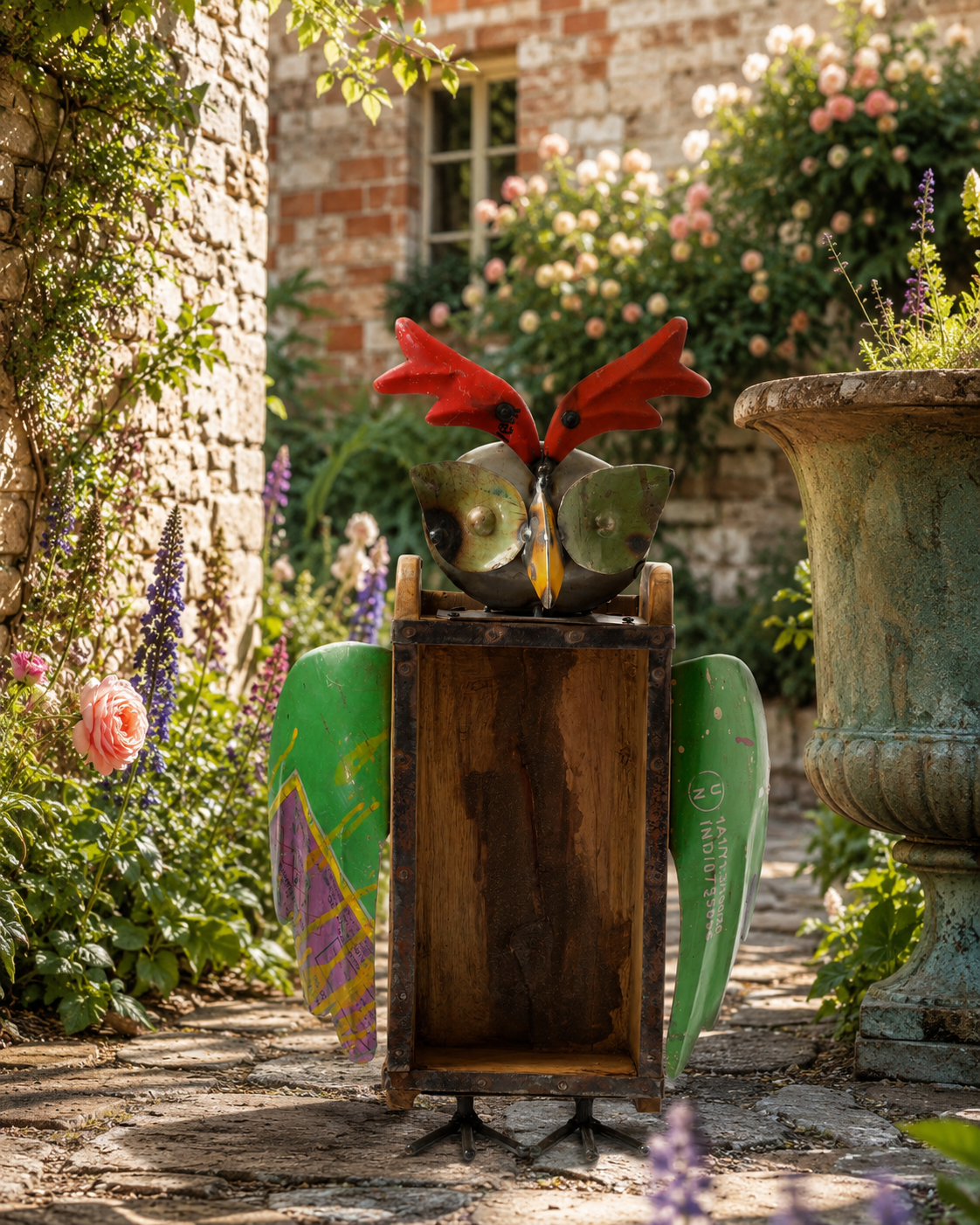 RECYCLED IRON OWL WITH BRICK MOULD BOTTLE HOLDER