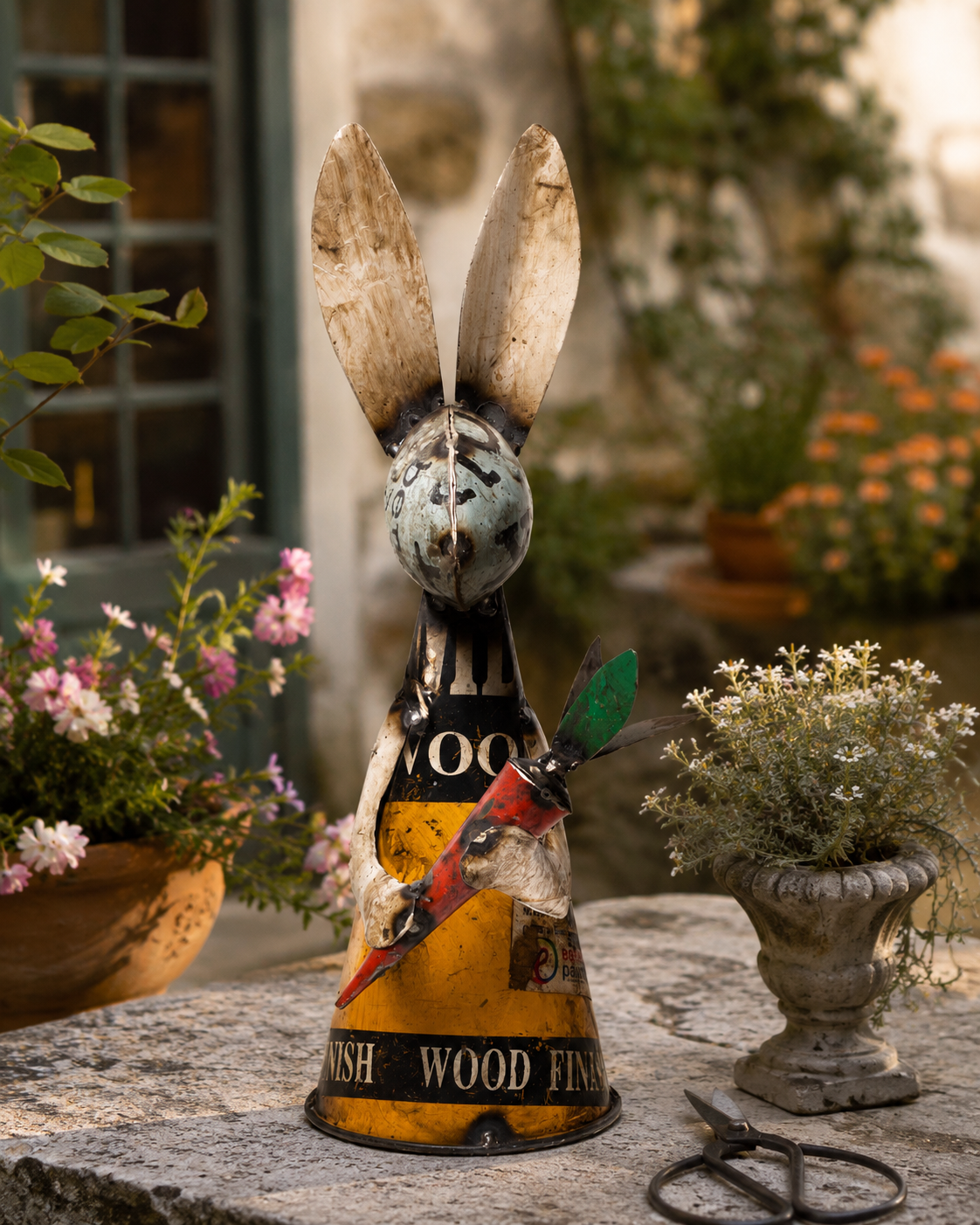 Recycled Iron Rabbit With Carrot (Fence Topper)