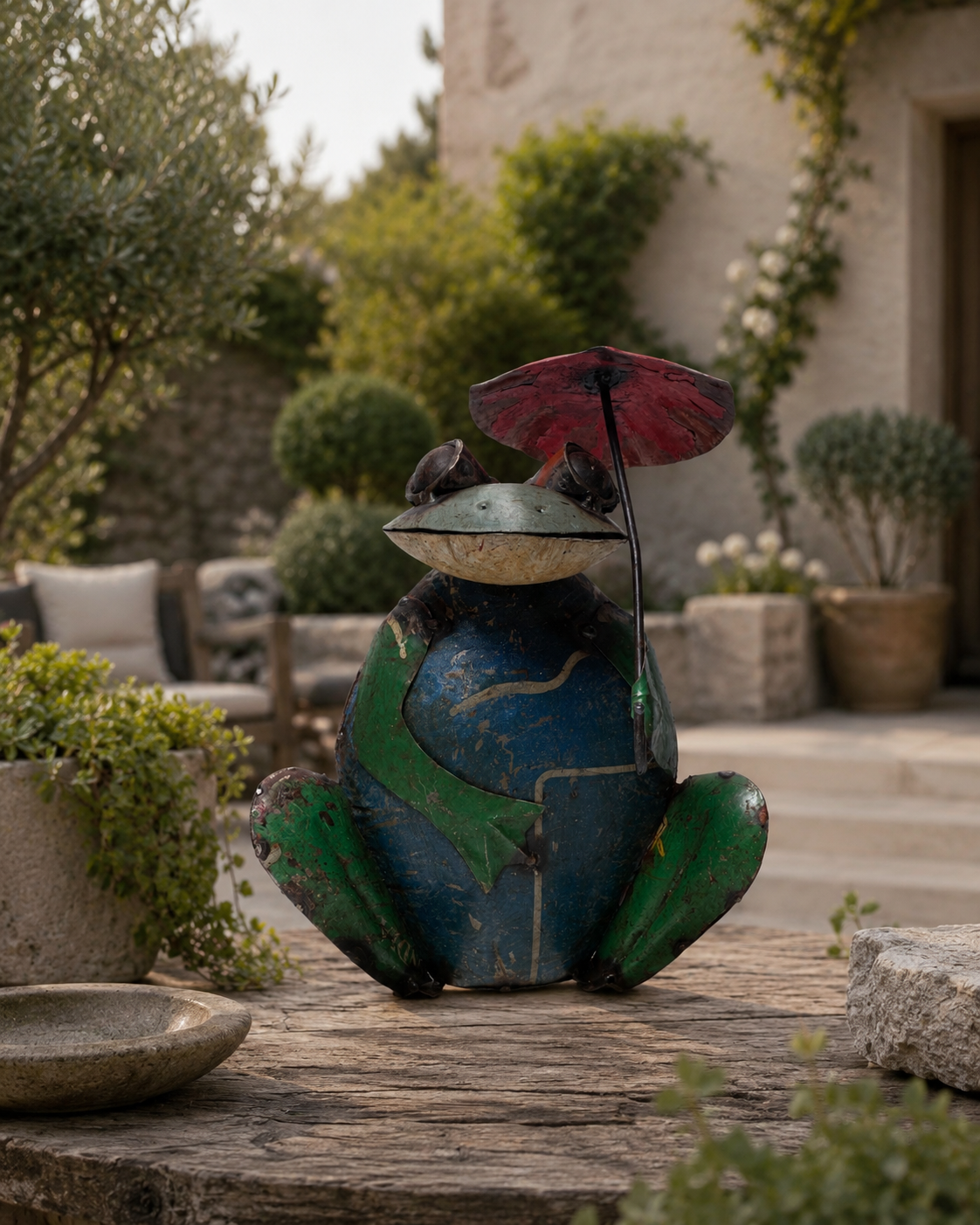Recycled Iron Frog With Umbrella
