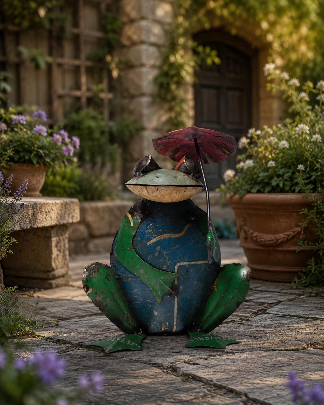 Recycled Iron Frog With Umbrella