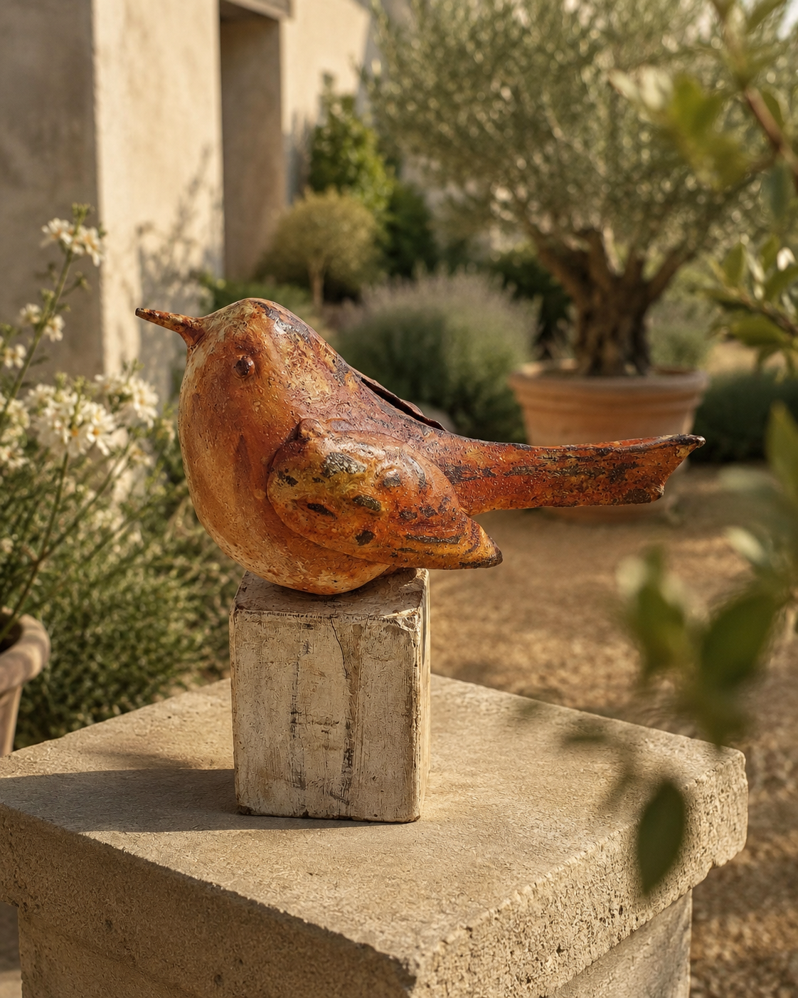 Bird On Stand Large White Rustic Finish