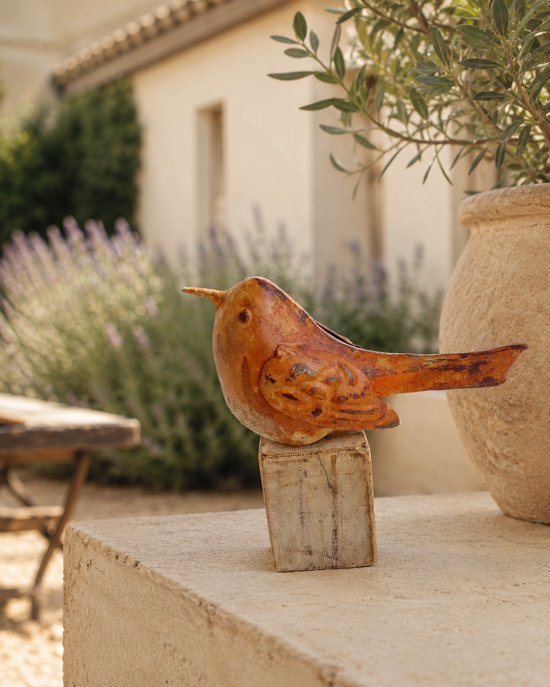 Bird On Stand Large White Rustic Finish