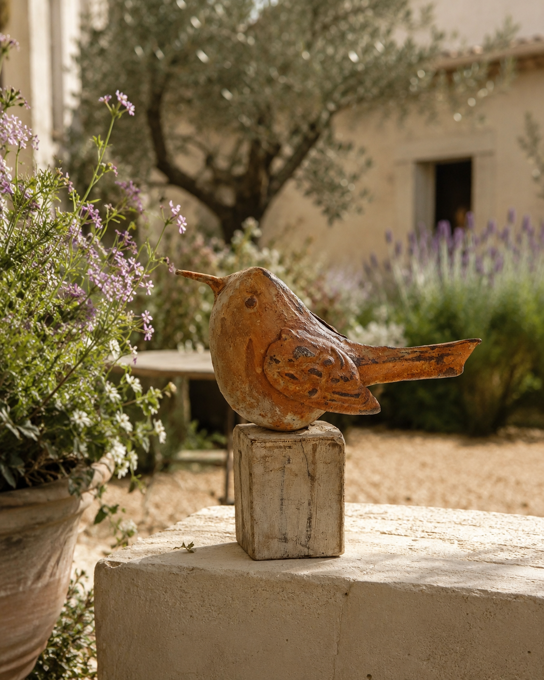 Bird On Stand Large White Rustic Finish