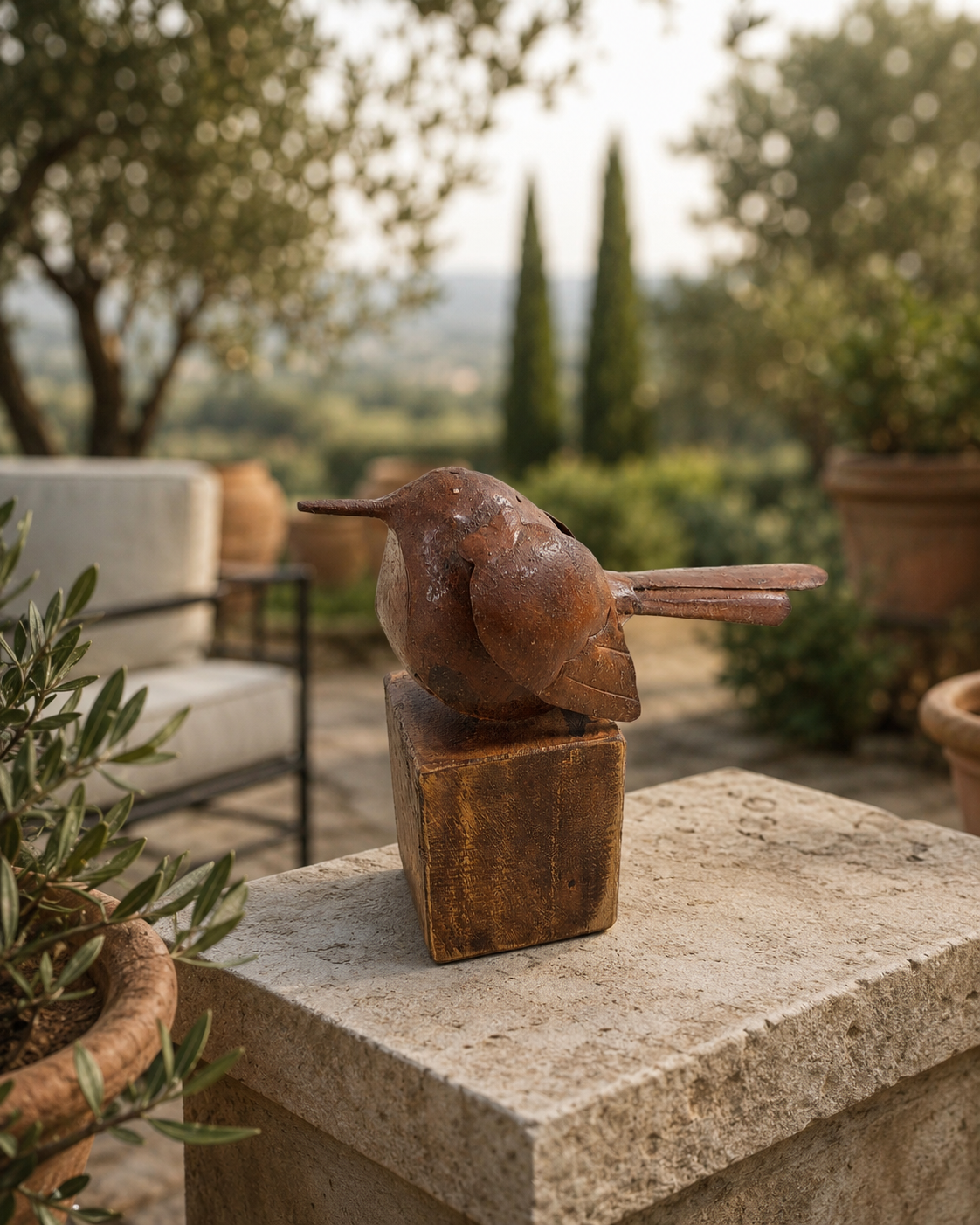 Bird On Stand Small Natural White Rustic Antique