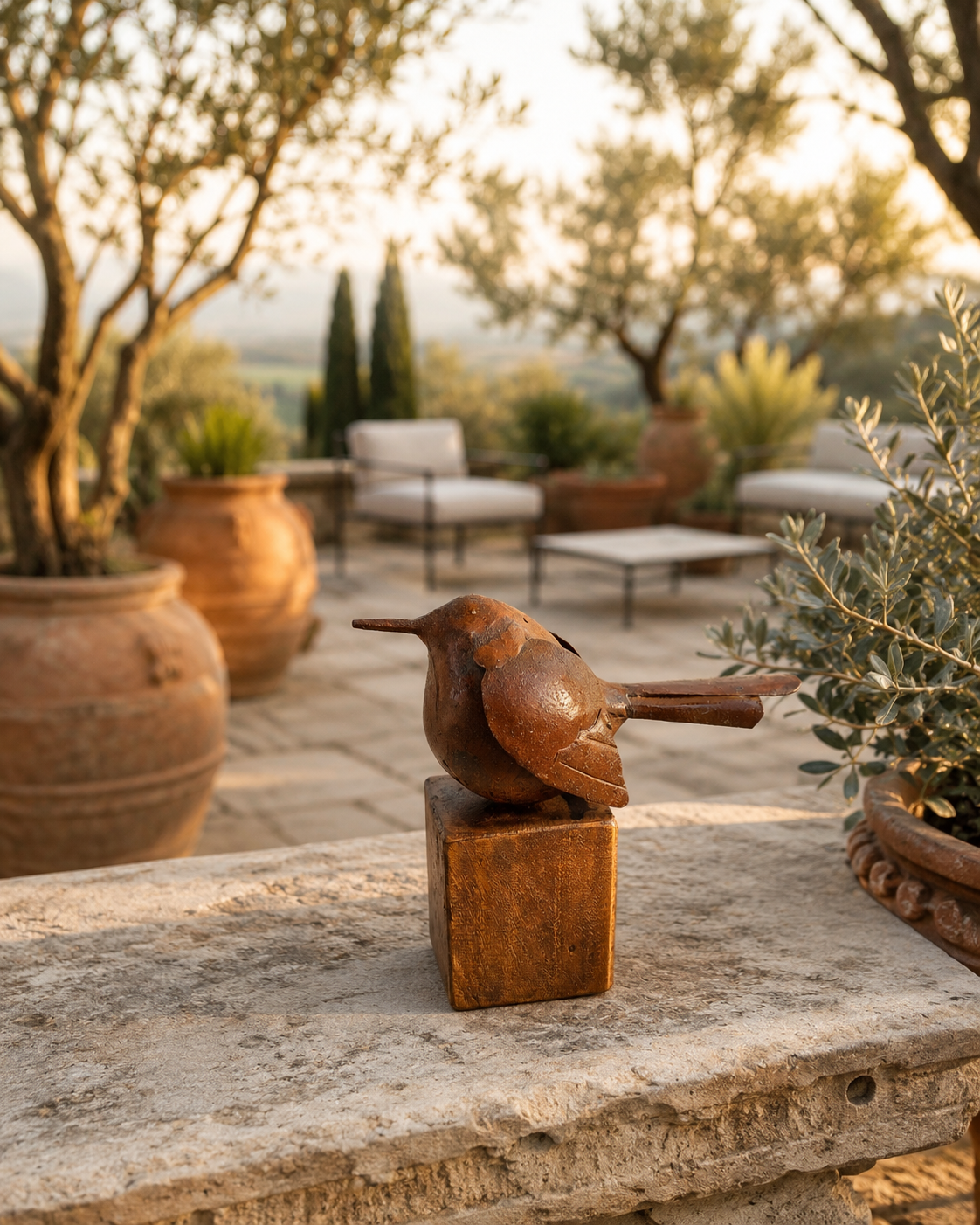 Bird On Stand Small Natural White Rustic Antique