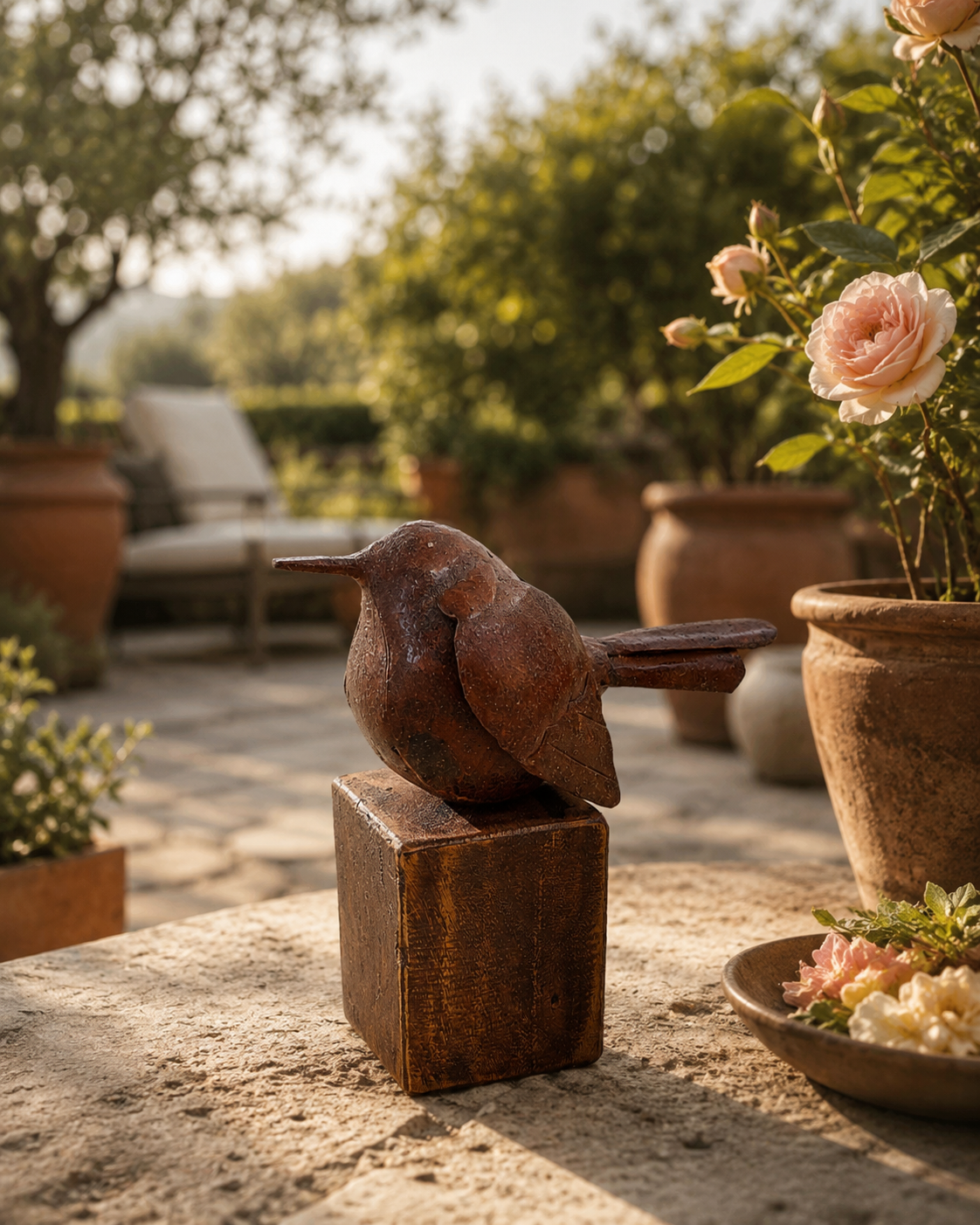 Bird On Stand Small Natural White Rustic Antique