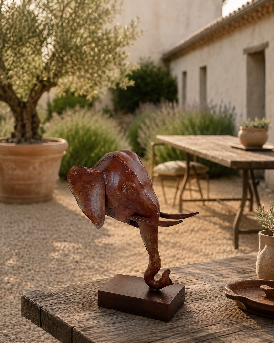 Elephant Head On Stand Small Natural Rustic Antique