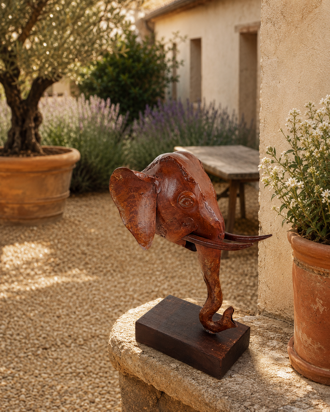 Elephant Head On Stand Small Natural Rustic Antique