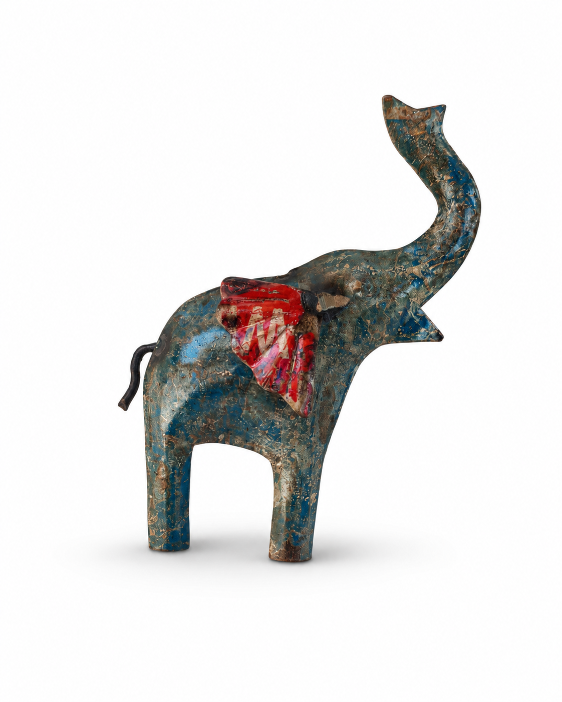 Recycled Iron Grey Elephant Wall Art with Red Ear & Trunk Up