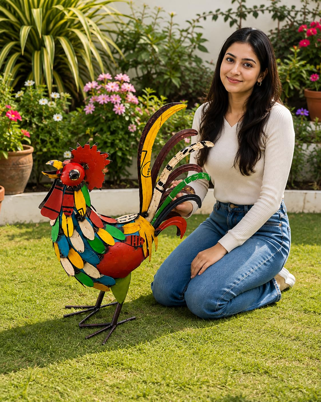 Multi-Color Recycled Iron Rooster Statue