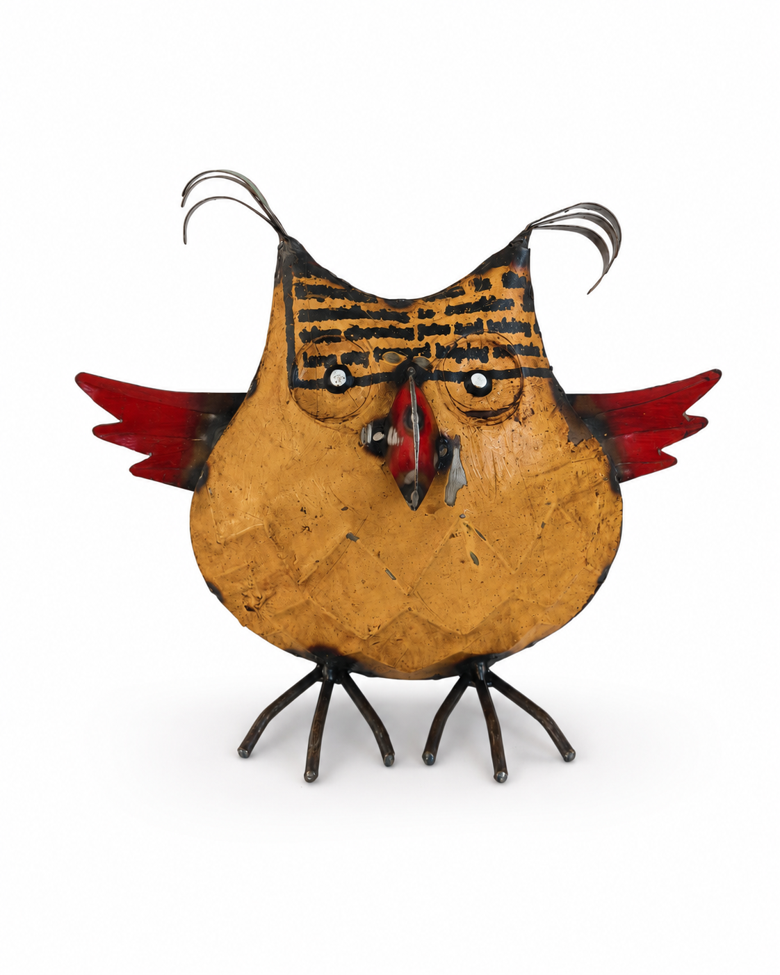 Recycled Iron Yellow Owl Figurine with Red Wings