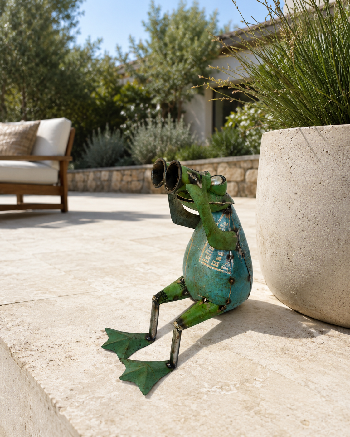 Recycled Iron Frog with Binoculars Garden Figurine