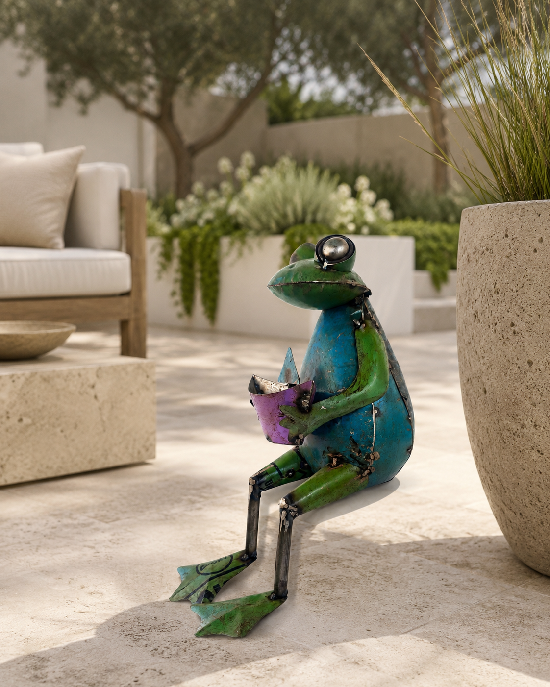 Recycled Iron Frog Holding Boat Figurine