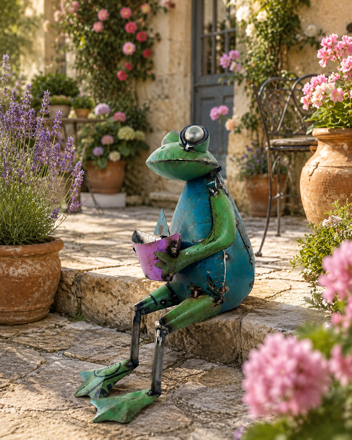 Recycled Iron Frog Holding Boat Figurine